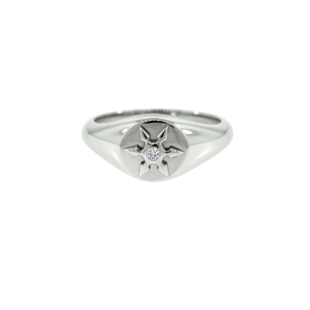 14k White Gold Ninja Star Diamond Signet Ring for Women - Mander Jewelry