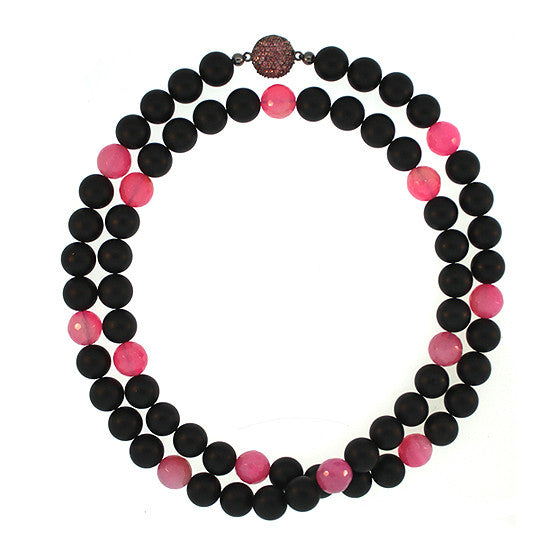Black Onyx Pink Agate 10mm Spirit Bead Necklace Silver Pink Garnet - Mander Jewelry